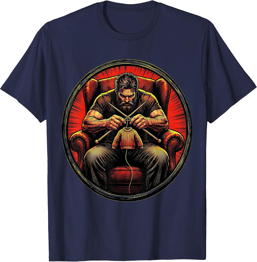 Cozy Knitting in Armchair Graphic Design T-Shirt - Navy Blue