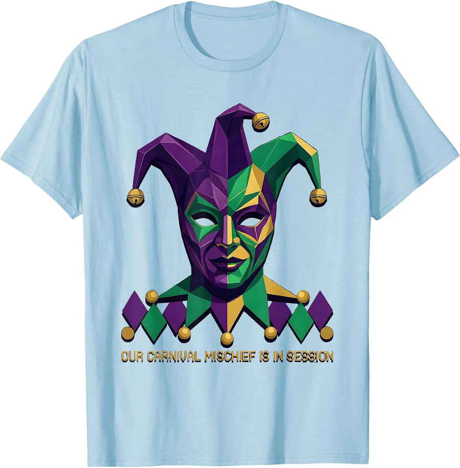 Men's Our Carnival Mischief Is In Session Mardi Gras Jester Party T-Shirt - Baby Blue