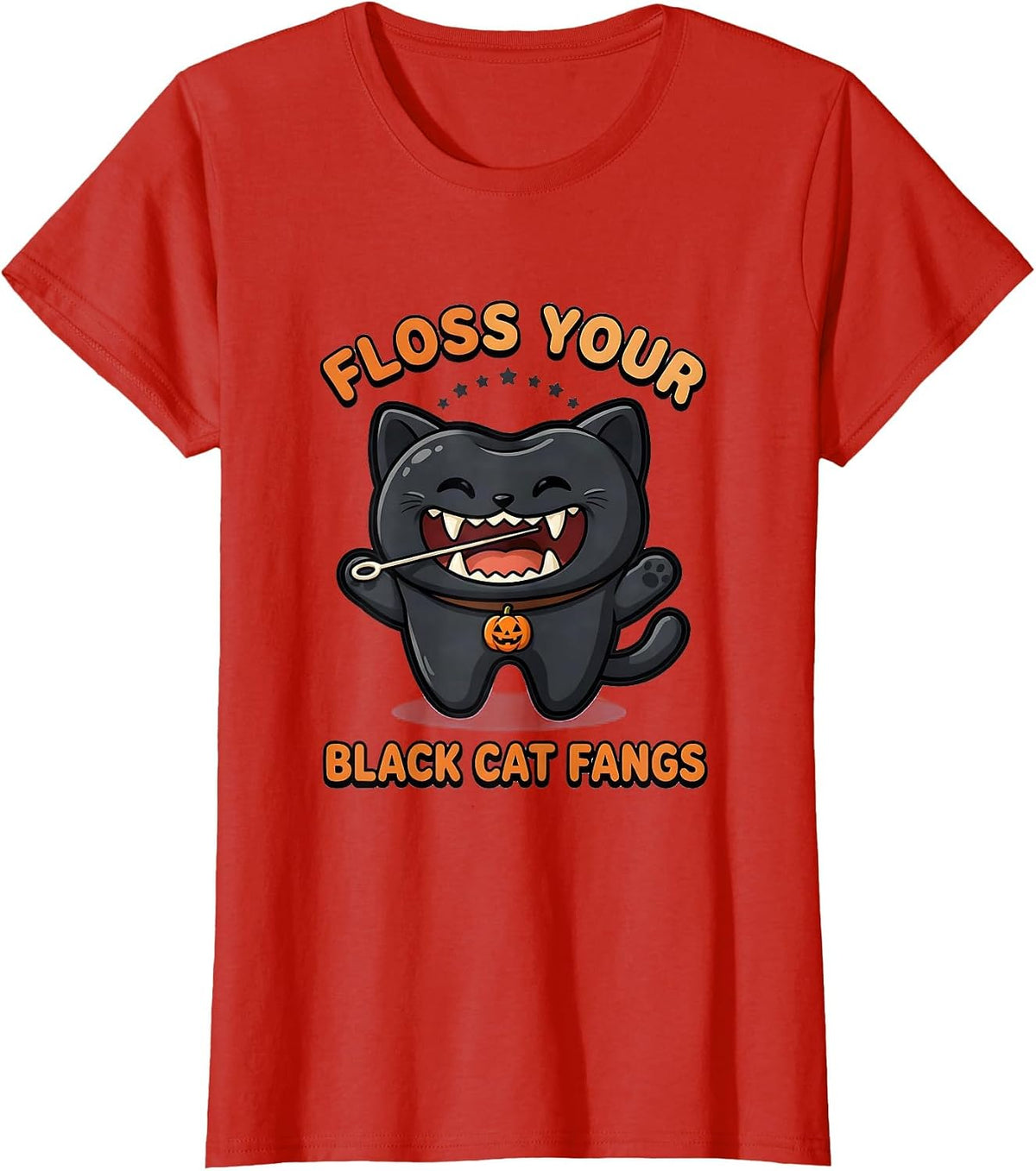Women's Floss Your Black Cat Fangs Cute Kawaii Halloween Dentist T-Shirt - Red