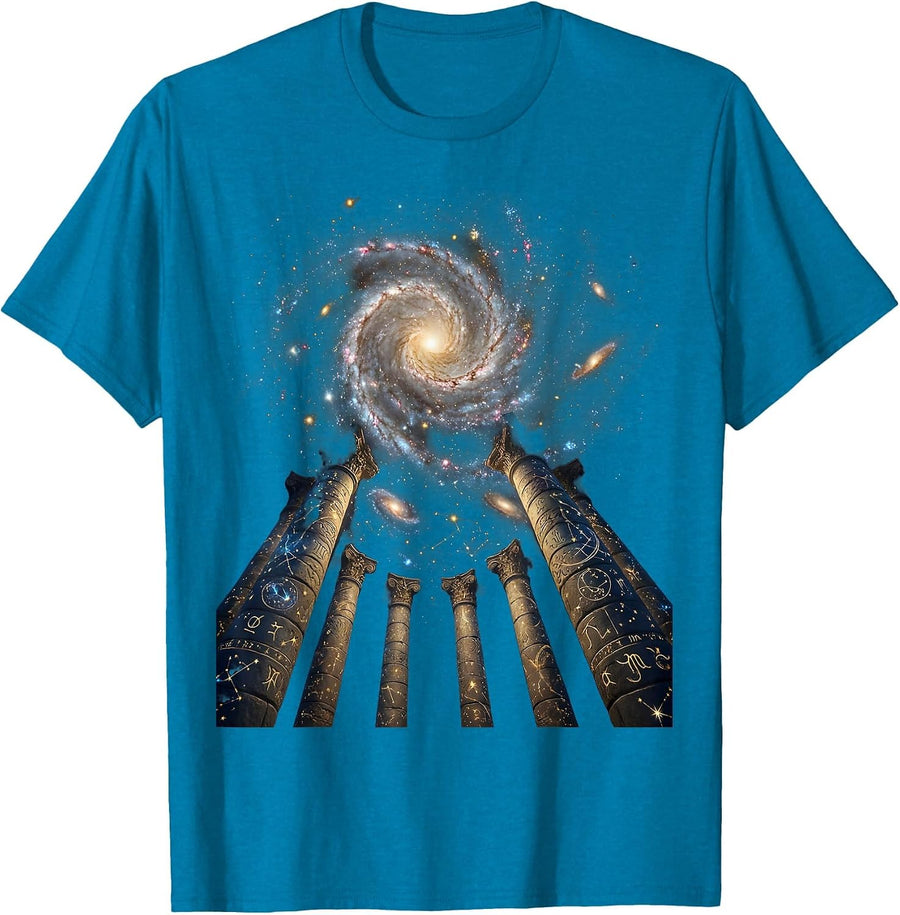 Ancient Temple Columns Heavenly Light Illustration T-Shirt - Sapphire Blue