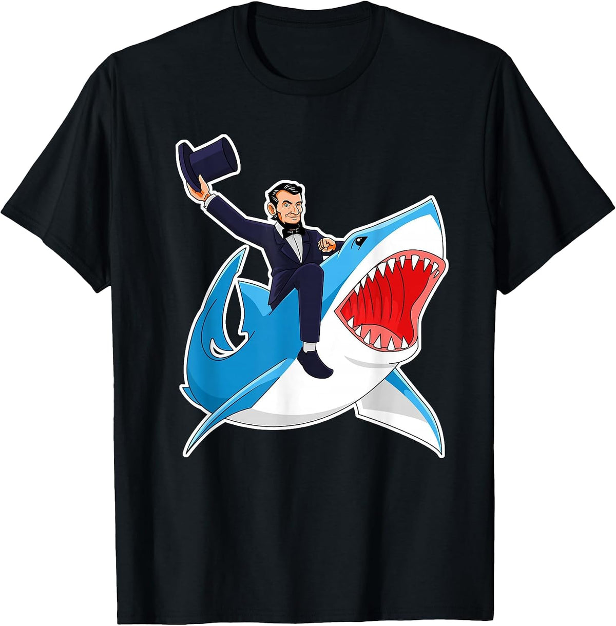 Abraham Lincoln Riding A Shark, Men Boys, 4th of July Abe T-Shirt - Black