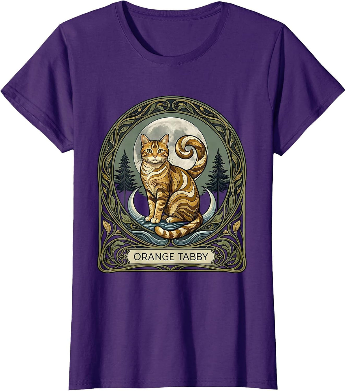 Women's Orange Tabby Art Nouveau Moonlit Cat Breed Portrait 90s T-Shirt - Purple