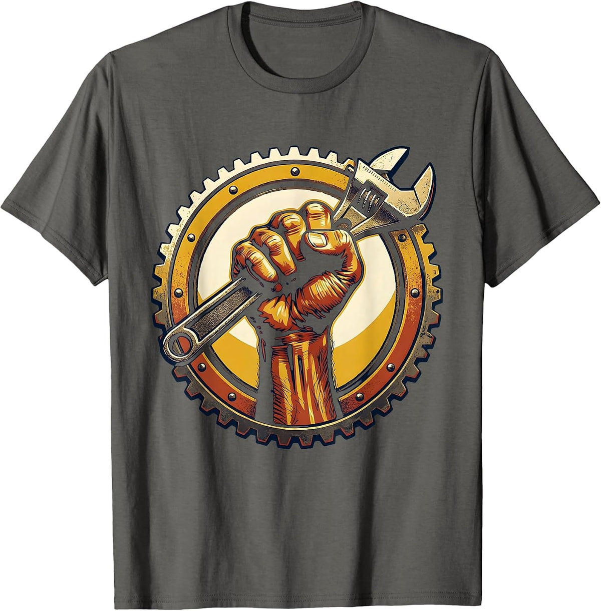 Labor Day Muscular Fist Gripping Wrench Graphic T-Shirt - Asphalt Grey