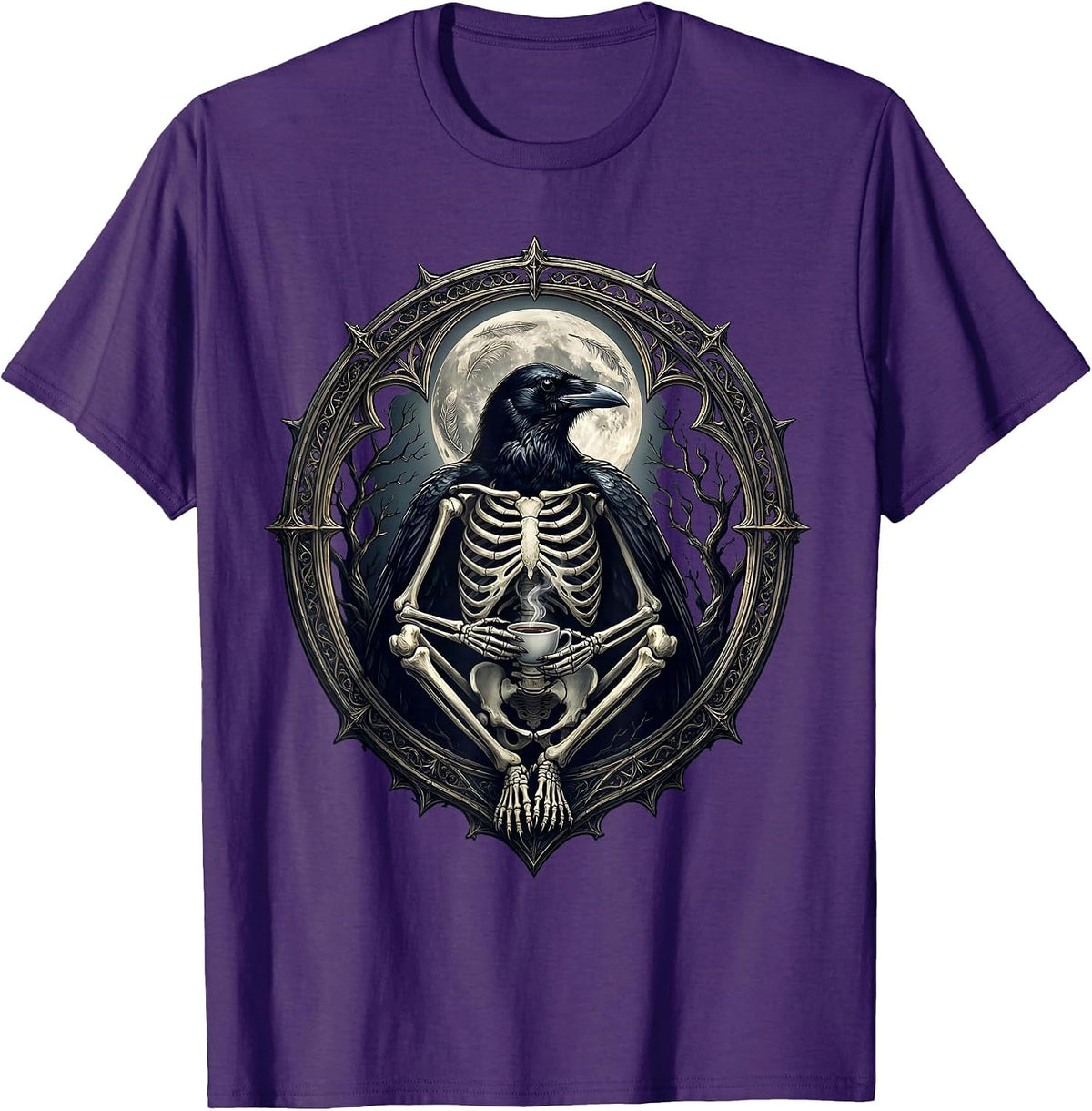 Crow Skeleton Sipping Coffee in Moonlight T-Shirt - Purple