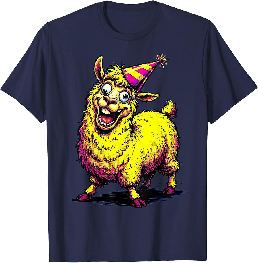 Derpy Llama Lopsided Birthday Hat Illustration T-Shirt - Navy Blue