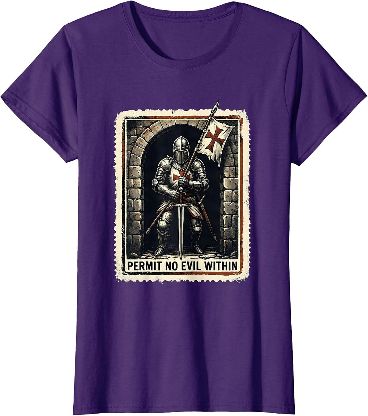 Women's Permit No Evil Within Rubber Stamp Knight Templar Crusader T-Shirt - Purple