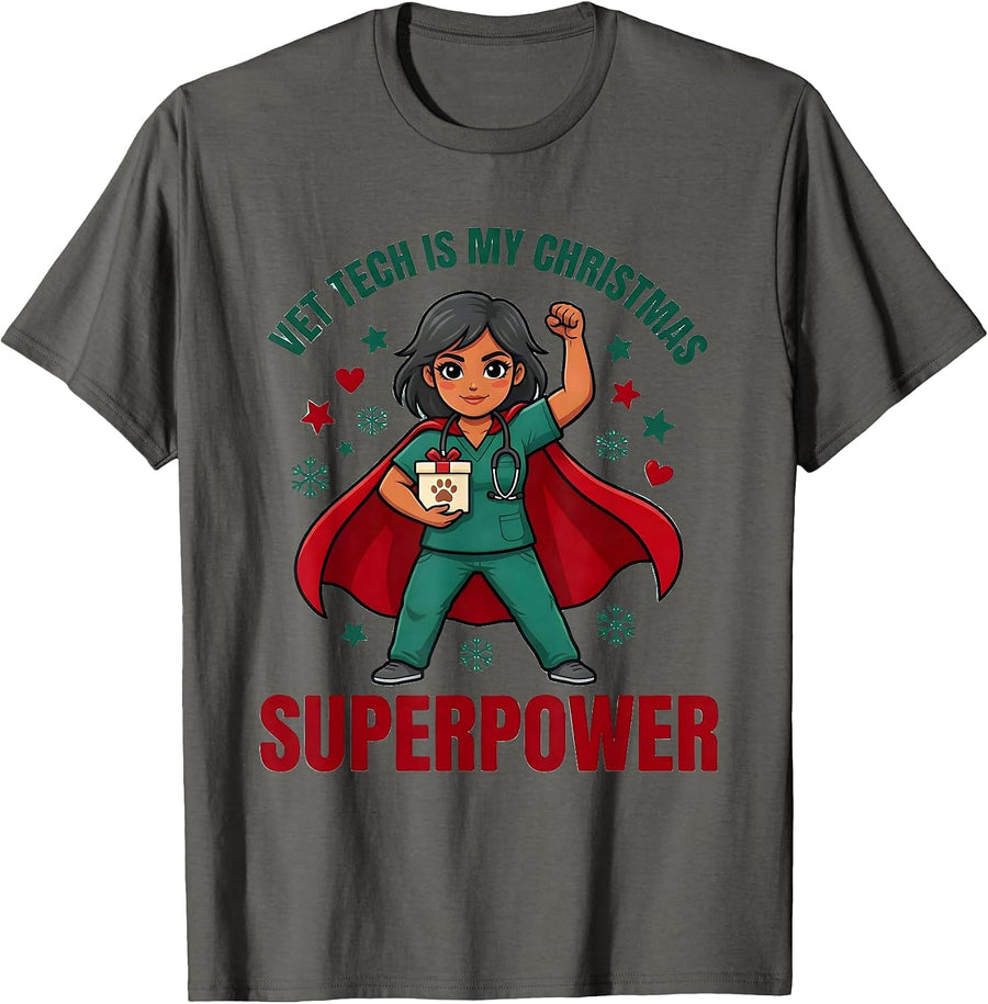 Vet Tech Is My Christmas Superpower Cute Vet Tech Christmas T-Shirt - Asphalt Grey