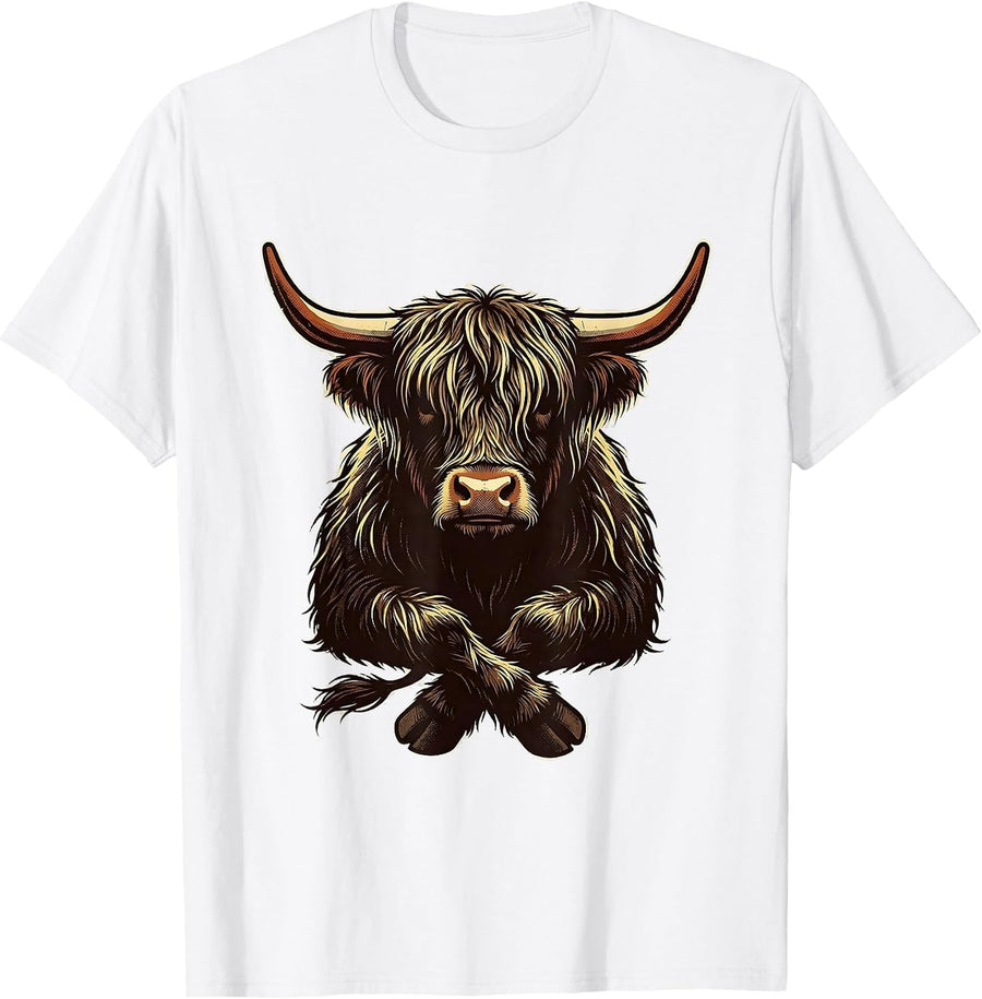 Men's Highland Cow Compact Character Funny Farm Animal Lover T-Shirt - White