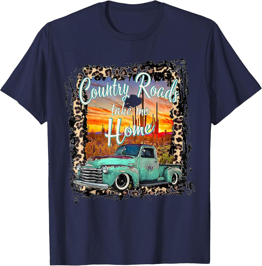 Western Texas Vintage Truck Country Roads Take Me Home T-Shirt - Navy Blue