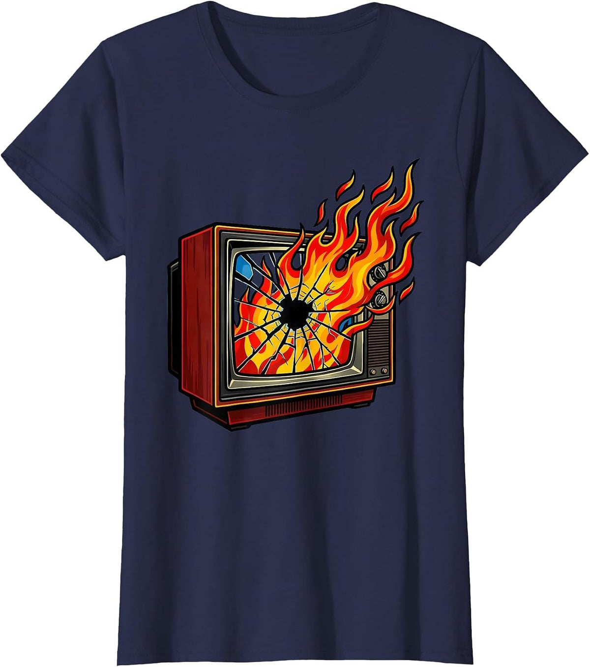 Women's Punk Rock Burning TV Cracked Screen Graphic T-Shirt - Navy Blue