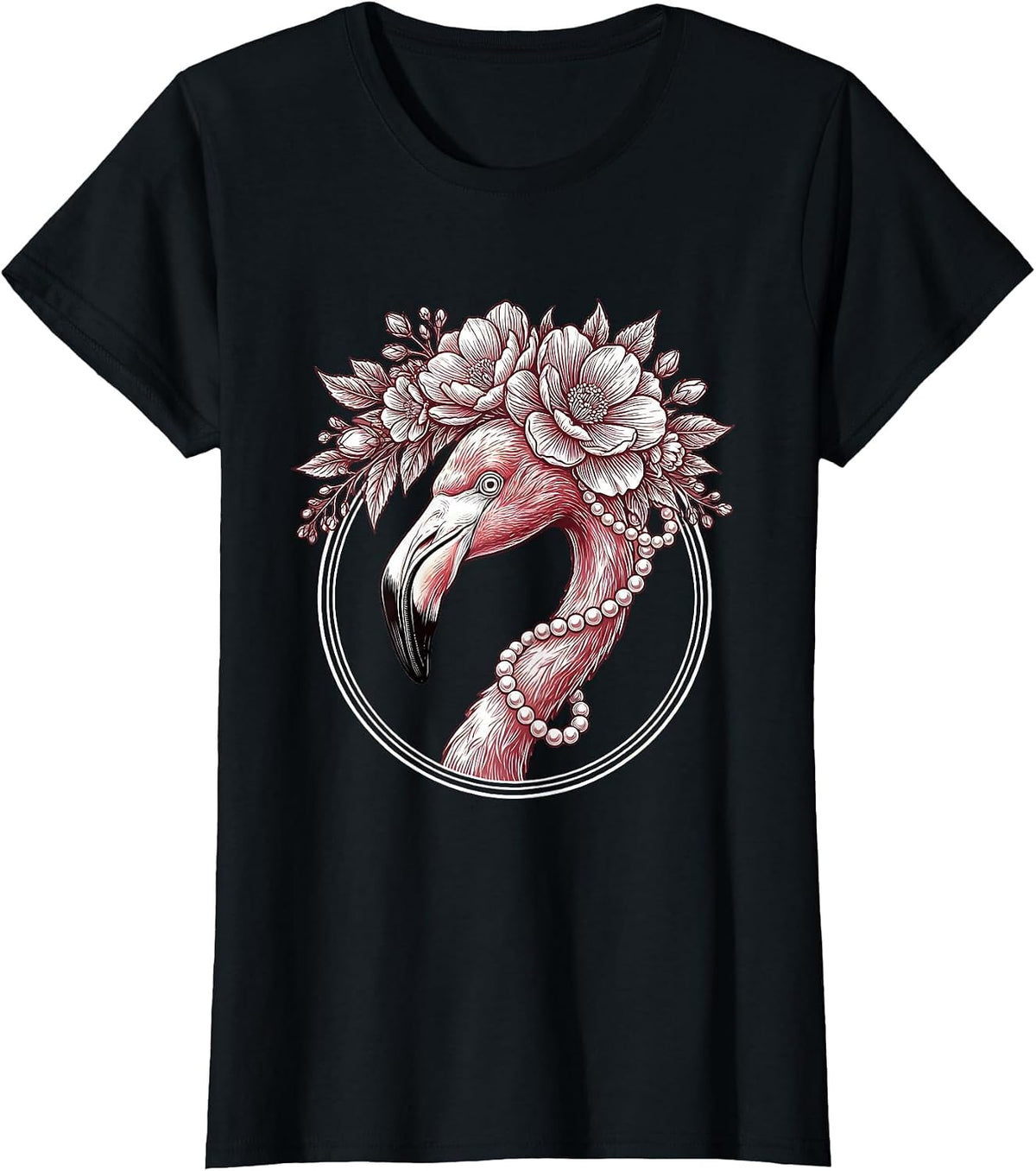 Women's Flamingo Floral Crown and Pearls Illustration T-Shirt - Black