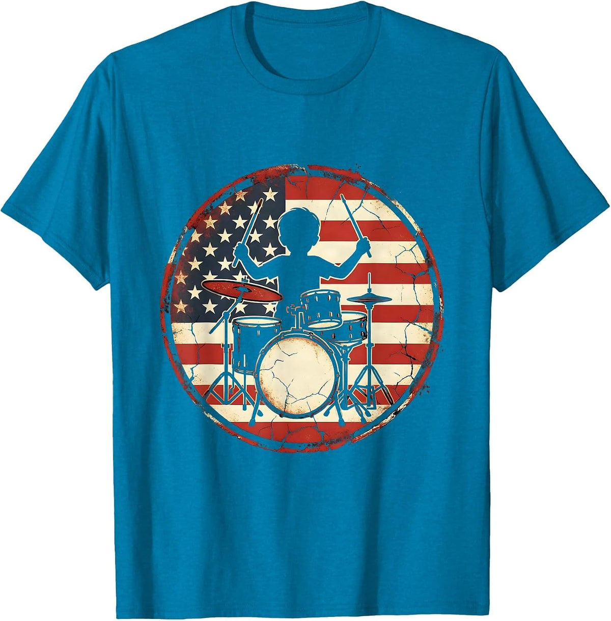 Kids American Flag Boy Drummer Patriotic Graphic T-Shirt - Sapphire Blue