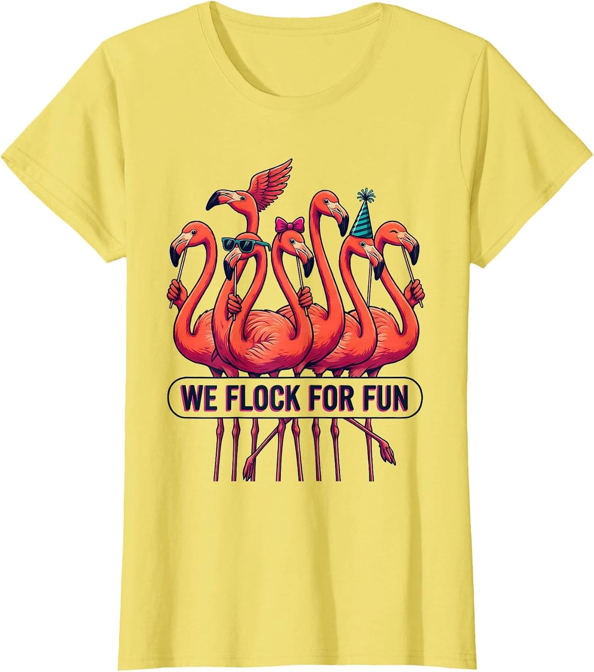Women's We Flock For Fun Flamingo Novelty Bird Humor Matching Group T-Shirt - Lemon Yellow