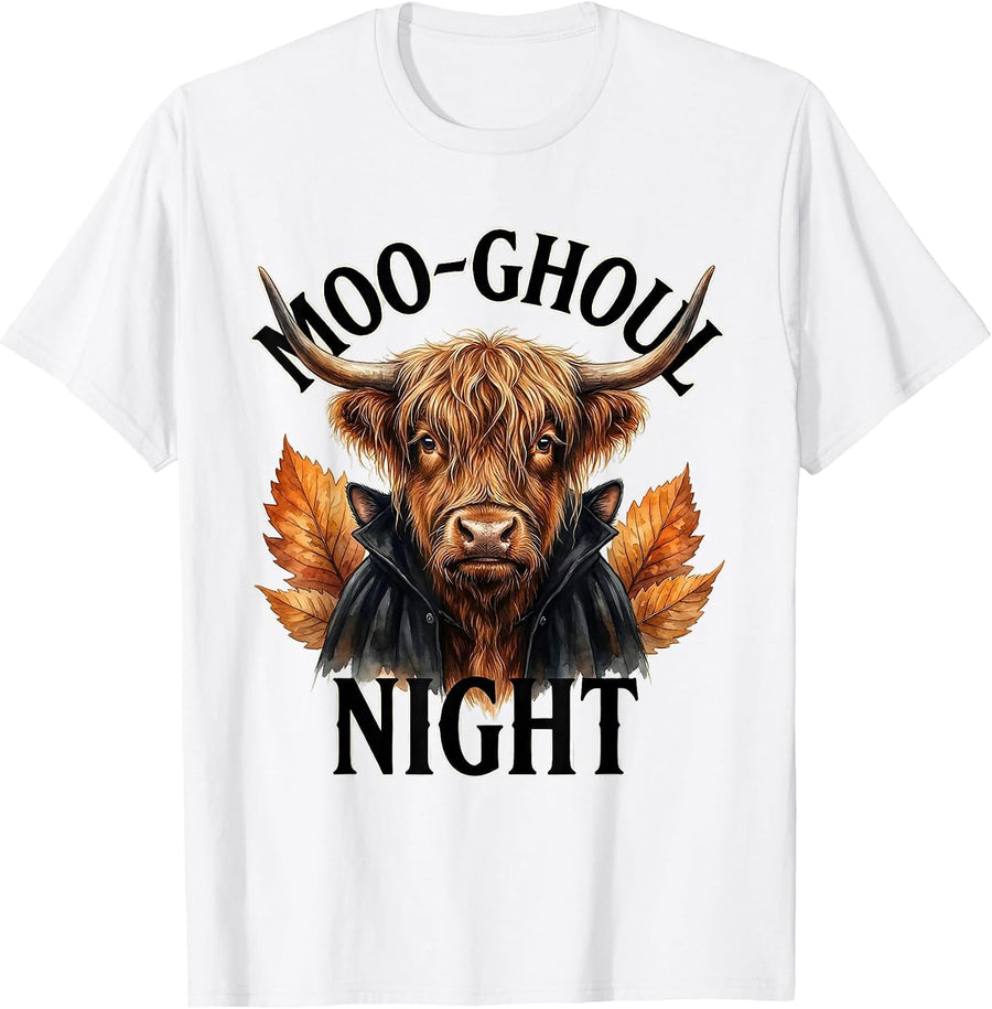 Men's Moo-ghoul Night Whimsical Highland Cow Halloween Fall T-Shirt - White