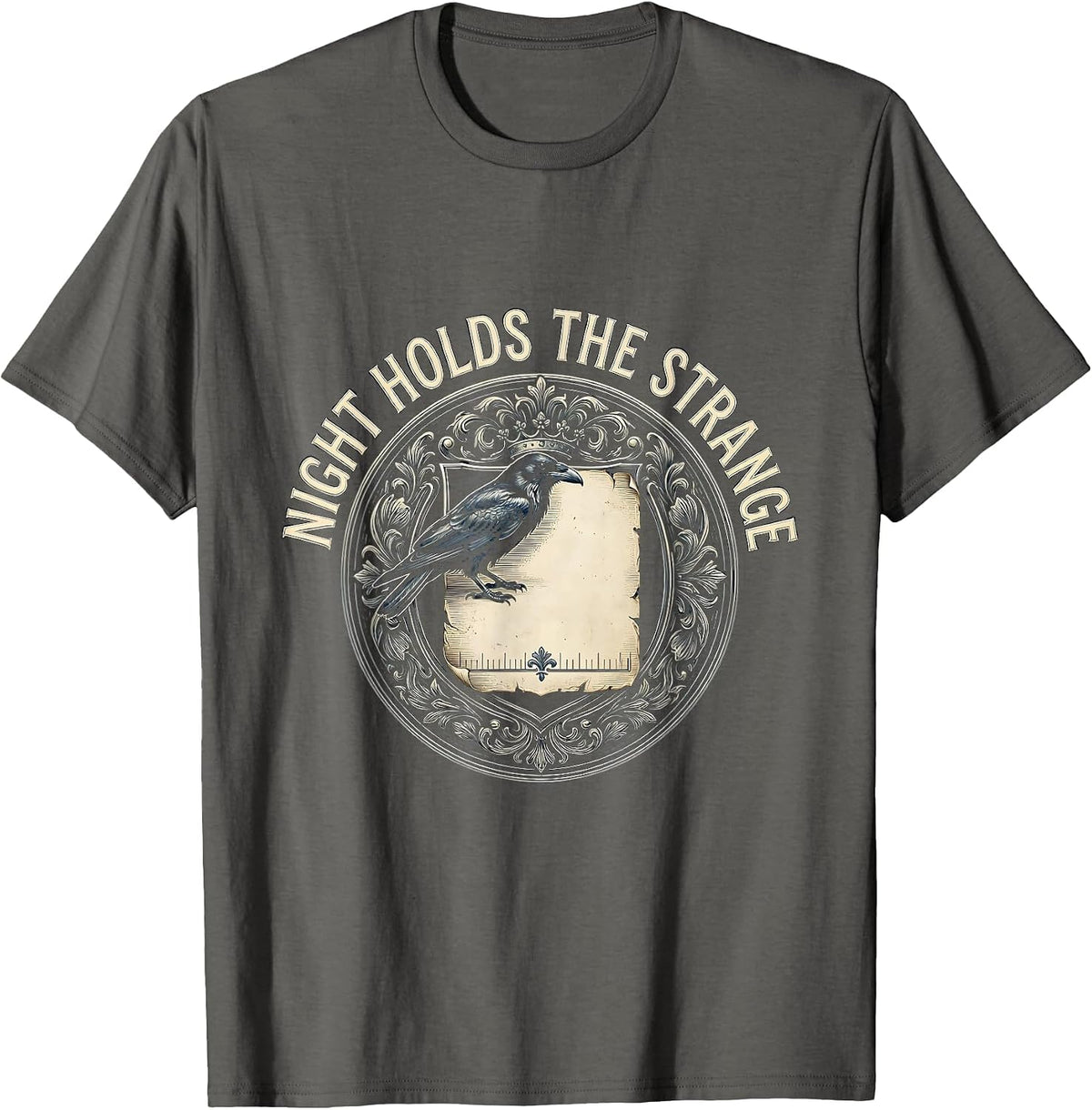 Men's Night Holds The Strange Gothic Literary Raven Edgar Allan T-Shirt - Asphalt Grey