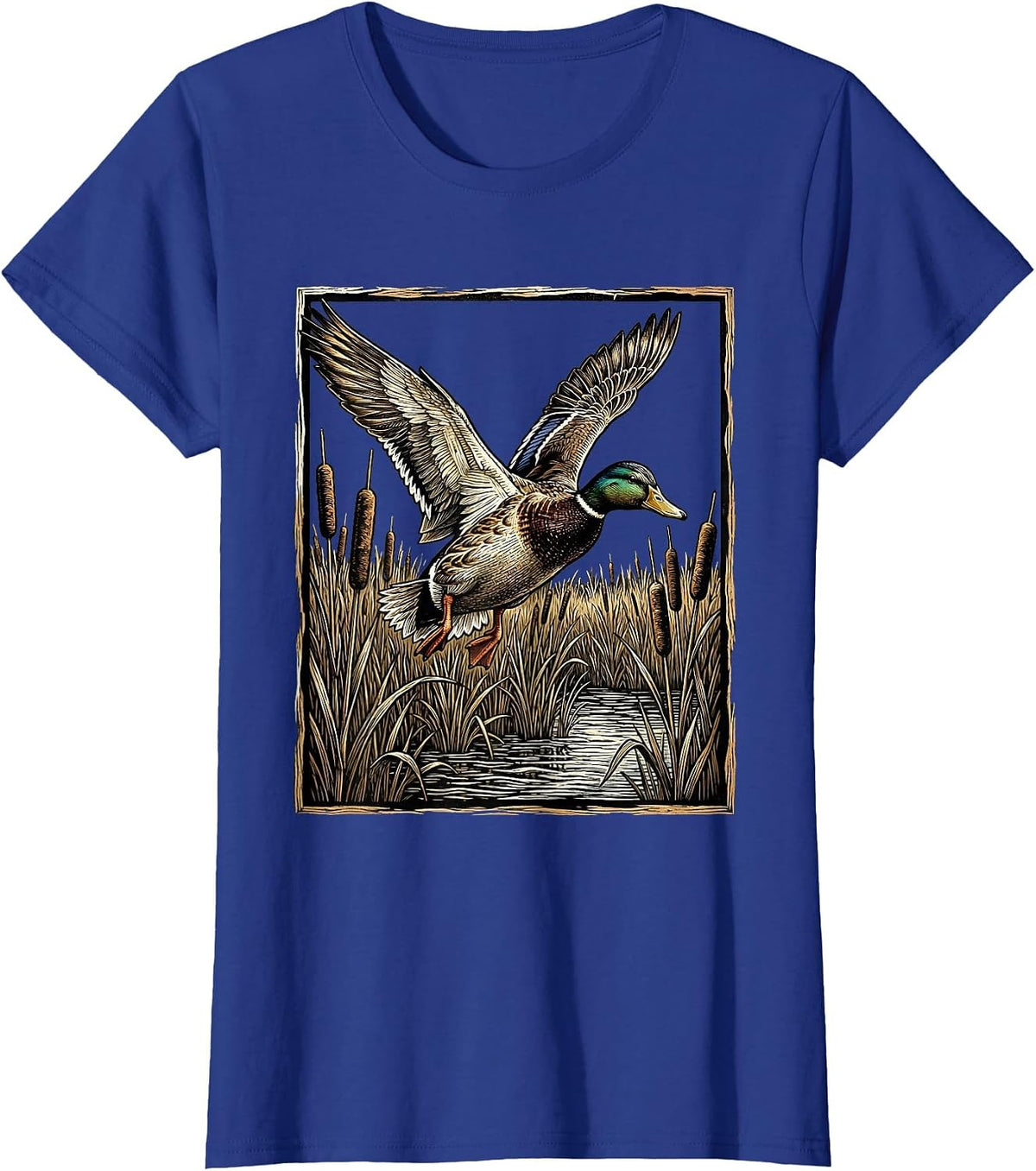 Women's Camo Duck Flying Over Cattail Marsh Graphic T-Shirt - Royal Blue