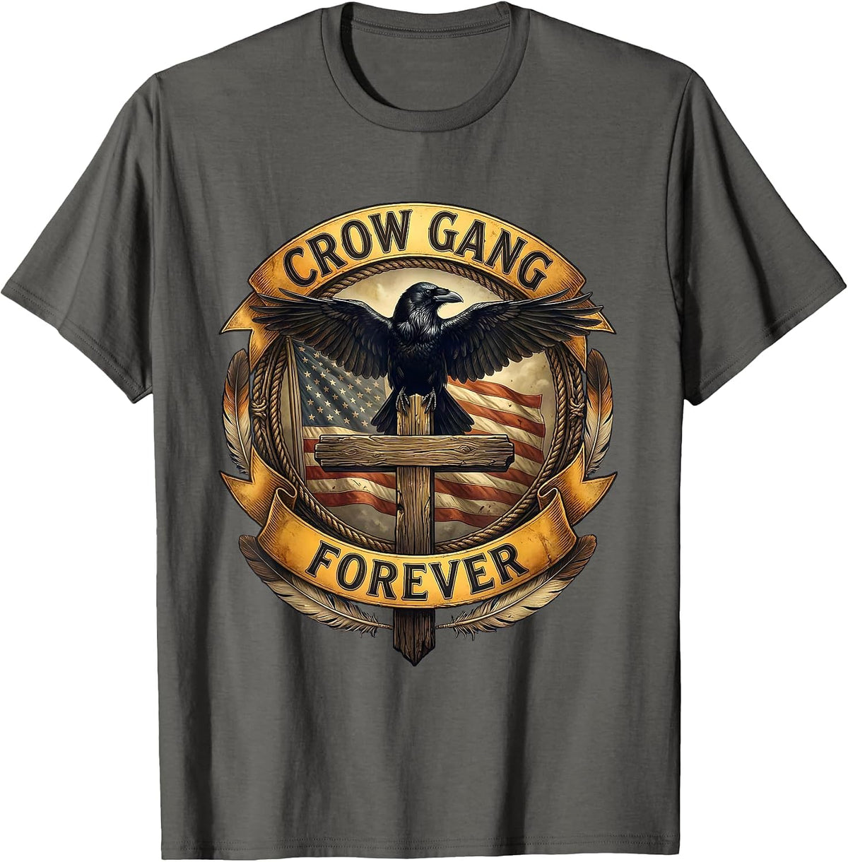 Crow Gang Forever Bold Graphic Design T-Shirt - Asphalt Grey
