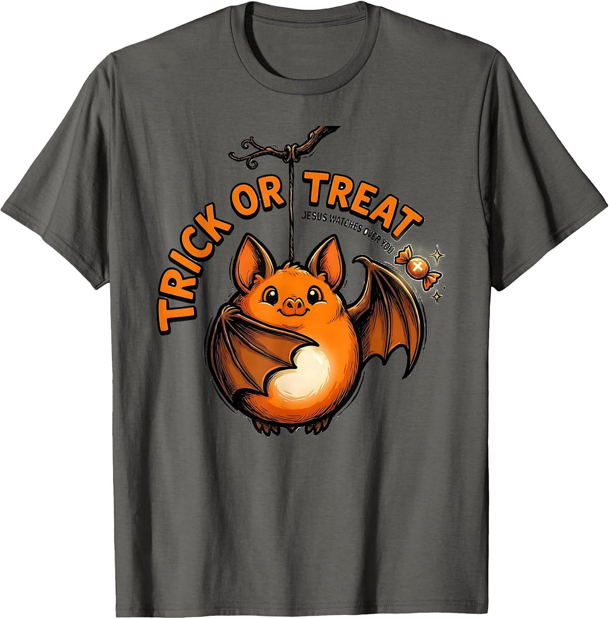 Trick Or Treat Jesus Watches Over You Faith-Over-Fear Humor T-Shirt - Asphalt Grey