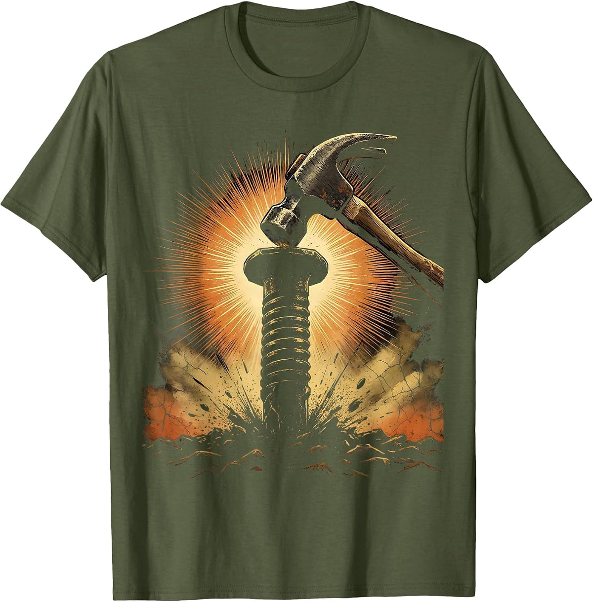 Labor Day Railroad Spike Driving Illustration T-Shirt - Olive Green