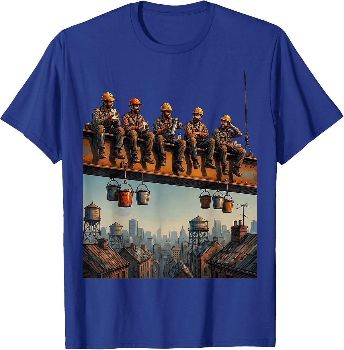Ironworkers Lunch Break on Steel Beam Graphic T-Shirt - Royal Blue