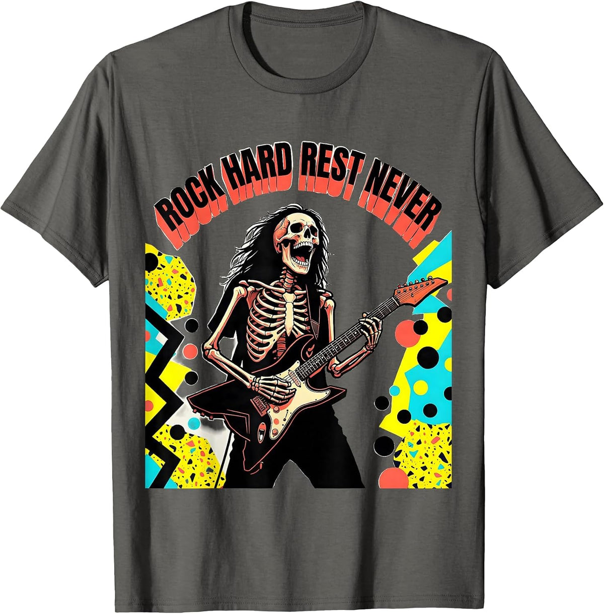 Skeleton Rock Band Rock Hard Rest Never Design T-Shirt - Asphalt Grey