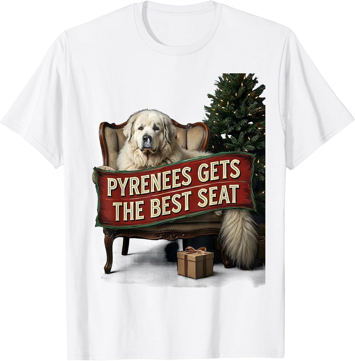Men's Pyrenees Gets The Best Seat Funny Christmas Dog Breed Lover T-Shirt - White