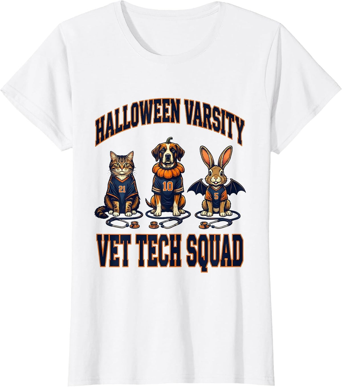 Halloween Varsity Vet Tech Squad Funny Veterinary Clinic T-Shirt - White