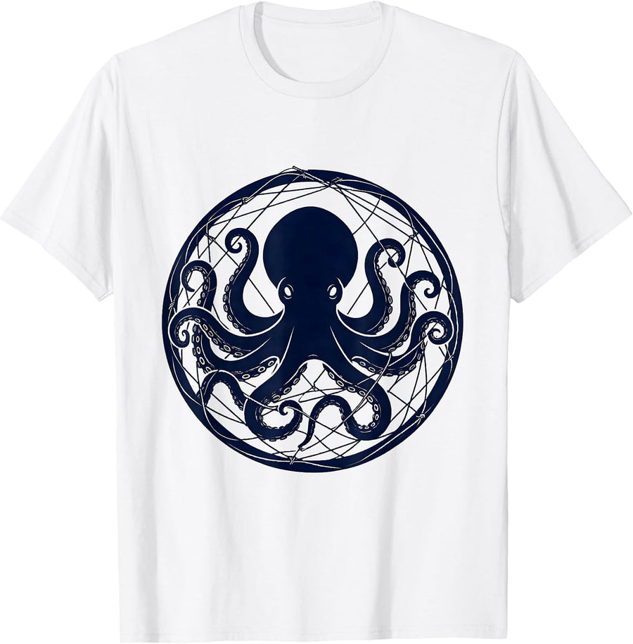 Men's Octopus Deep Sea Fishing Line Graphic Tee T-Shirt - White