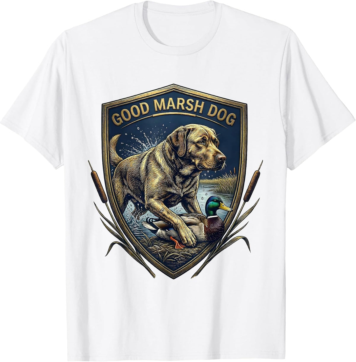 Men's Good Marsh Dog Vintage Emblem Labrador Hunting Dog Duck T-Shirt - White