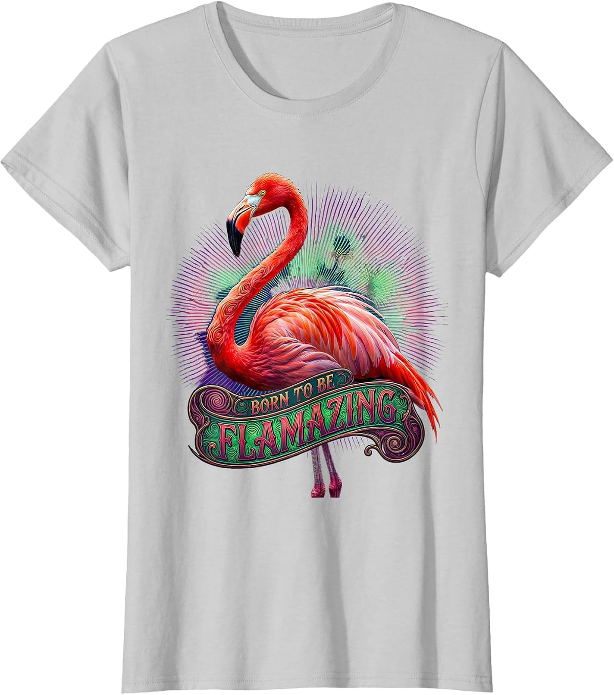 Women's Born to Be Flamazing Flamingo Design T-Shirt - Silver Grey