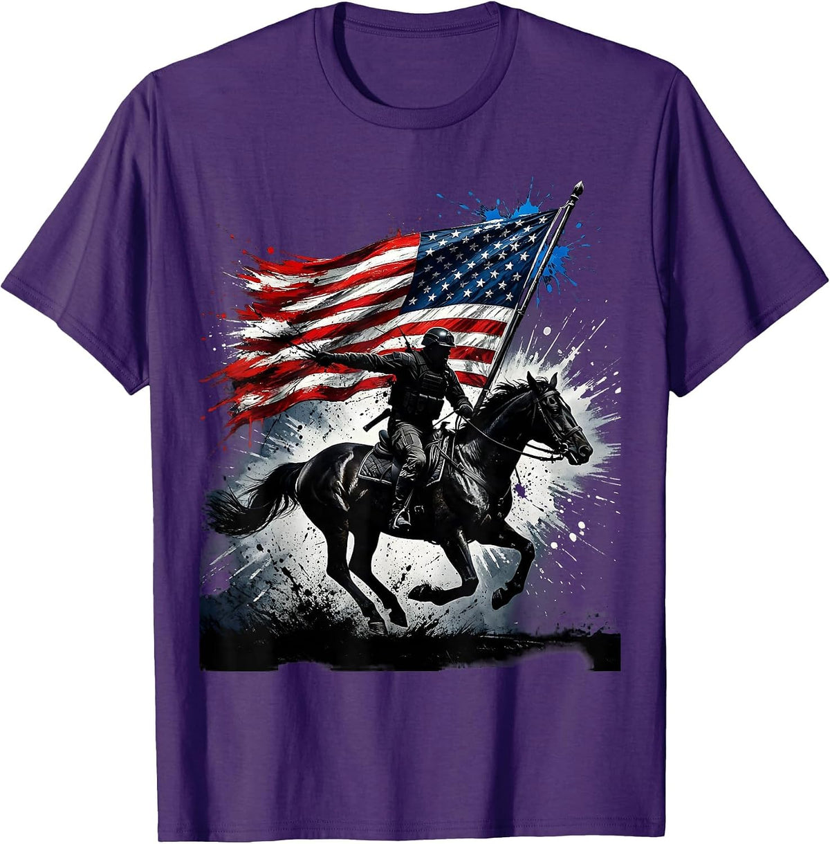 Men's American Flag Horseback Rider at Full Gallop T-Shirt - Purple