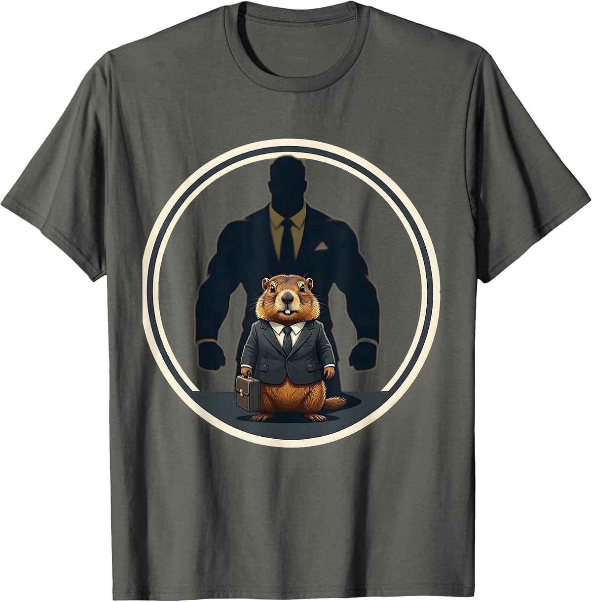 Men's Groundhog In Suit Briefcase Shadow Funny Graphic T-Shirt - Asphalt Grey