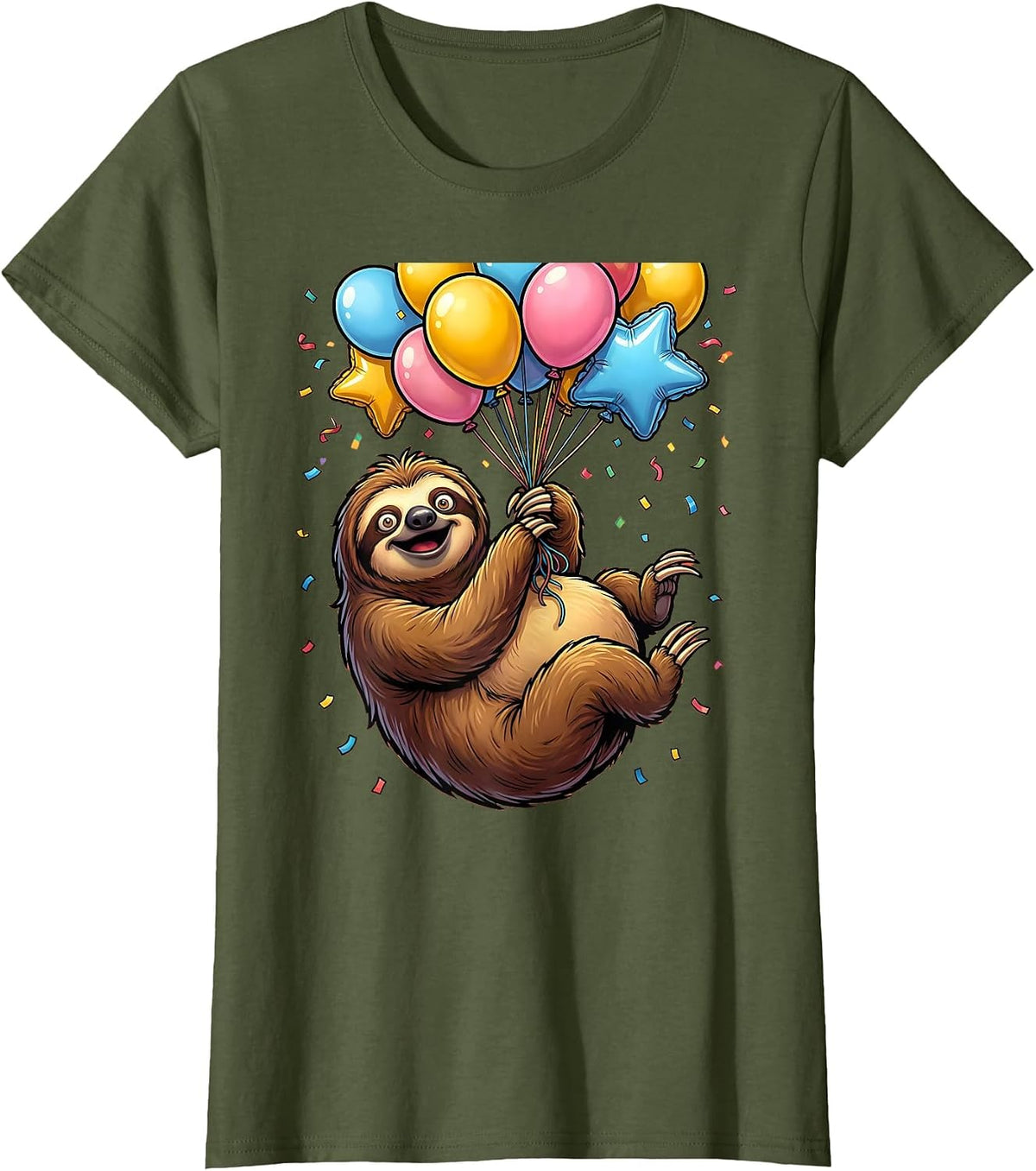 Women's Sloth Birthday Balloon Ride Graphic Design T-Shirt - Olive Green