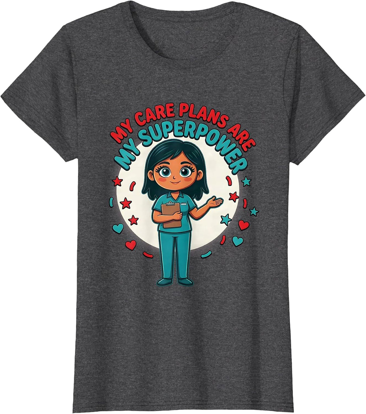 Women's MY CARE PLANS ARE MY SUPERPOWER Cartoon Social Worker T-Shirt - Dark Heather Grey