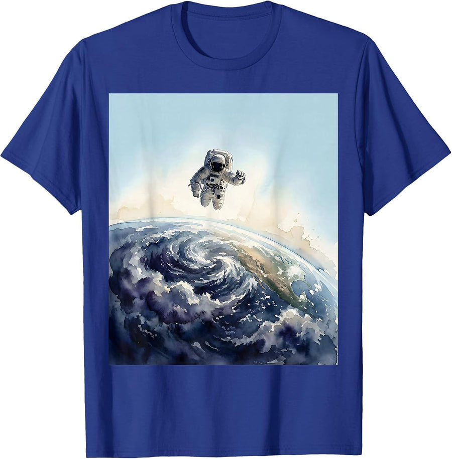 Faith Over Fear Astronaut Stormy Earth Design T-Shirt - Royal Blue