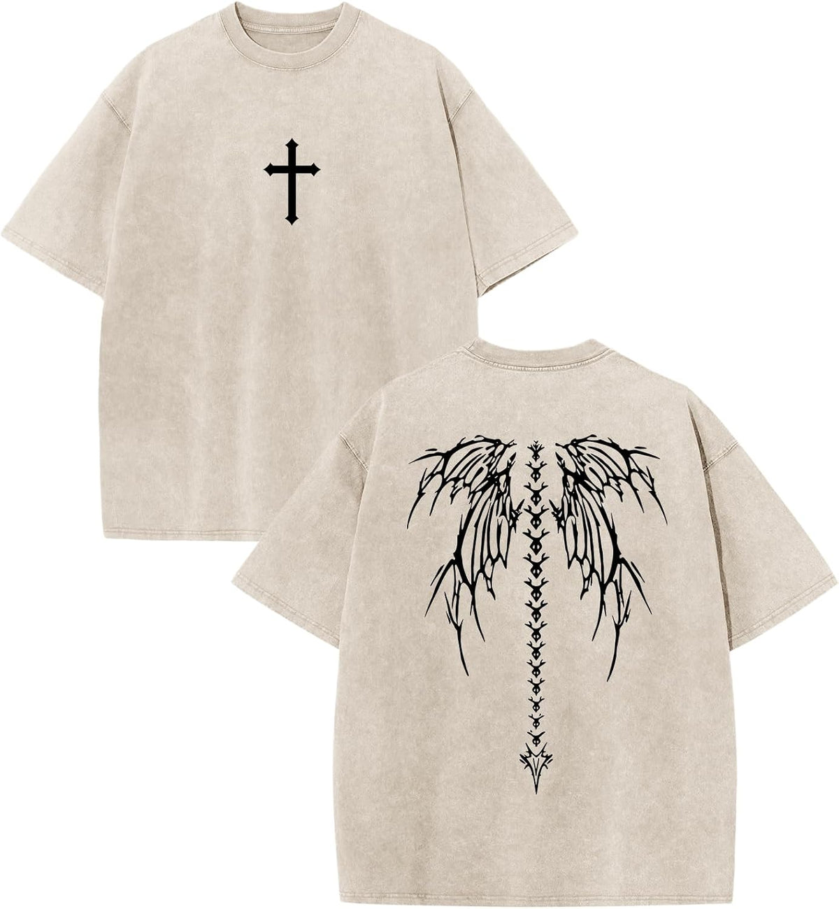 Y2K Gothic Punk Shirt for Men Cross Skull Vintage Graphic Tees Grunge Streetwear Goth Shirts Baggy Acid Wash Tshirt - Apricot