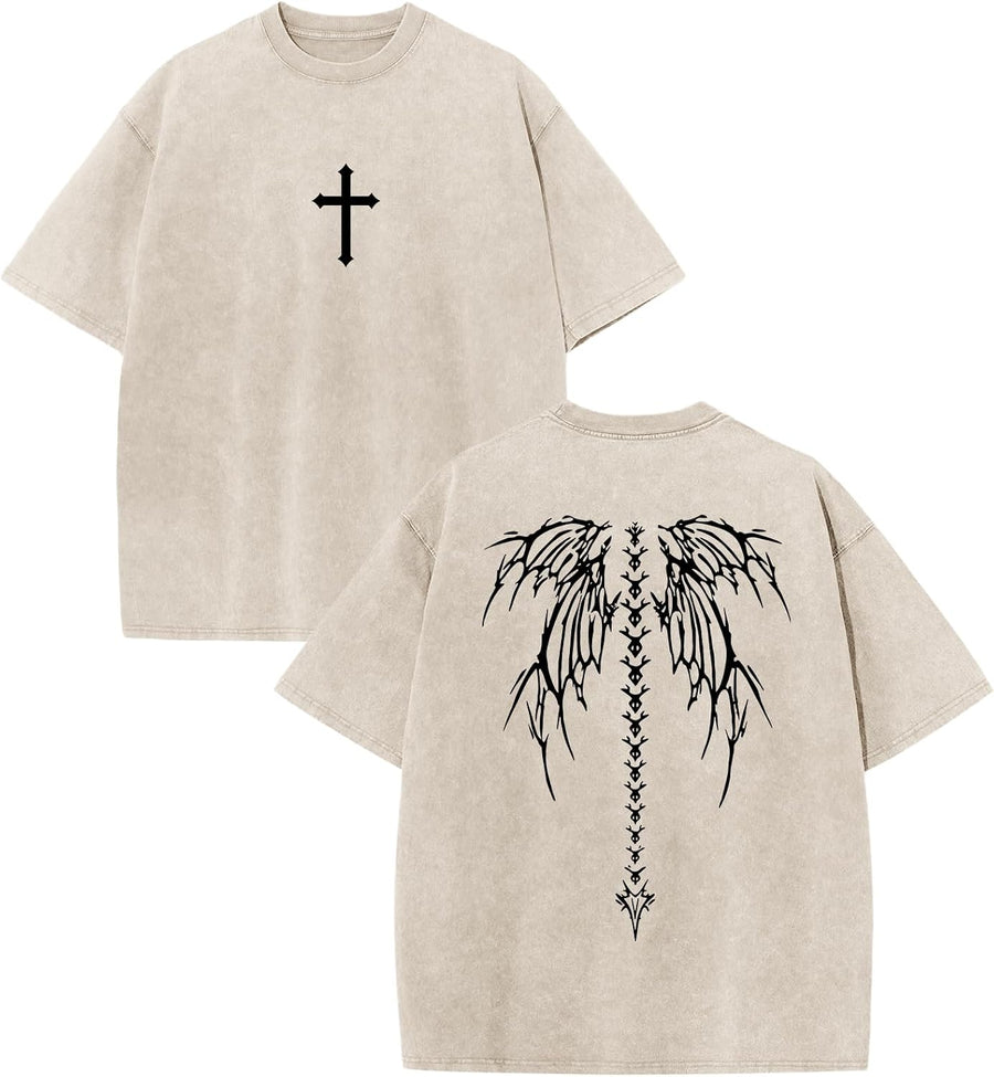 Y2K Gothic Punk Shirt for Men Cross Skull Vintage Graphic Tees Grunge Streetwear Goth Shirts Baggy Acid Wash Tshirt - Apricot