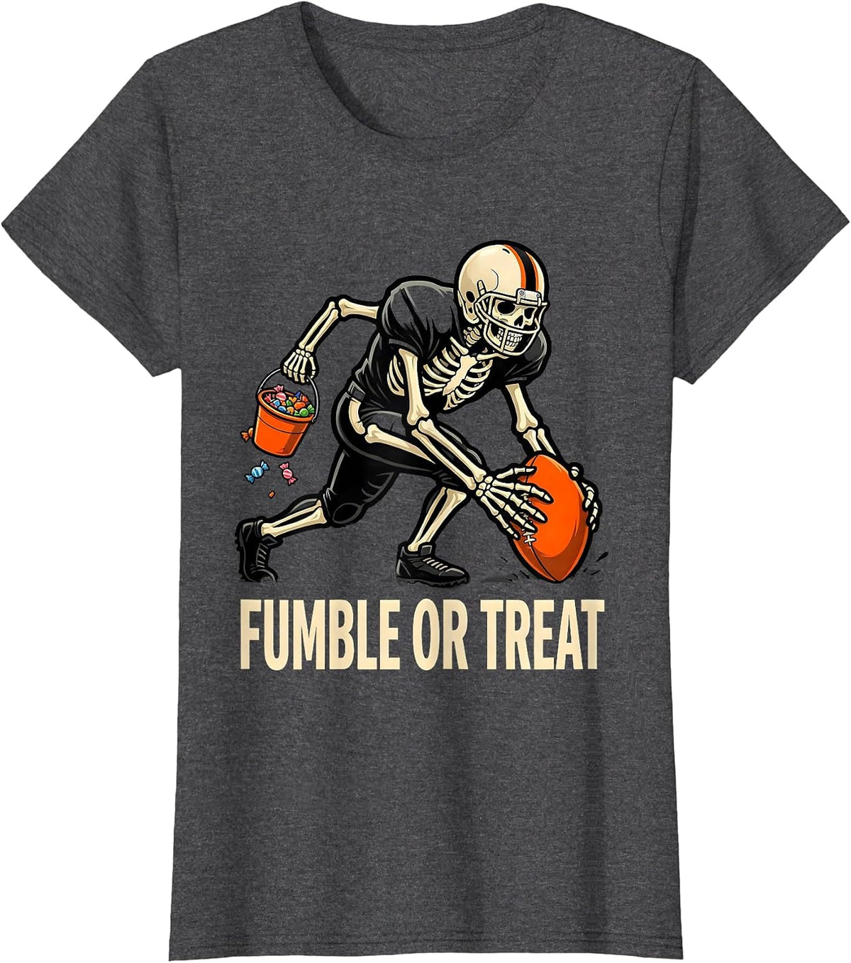 Women's Fumble Or Treat Cartoon Skeleton Football Halloween Costume T-Shirt - Dark Heather Grey