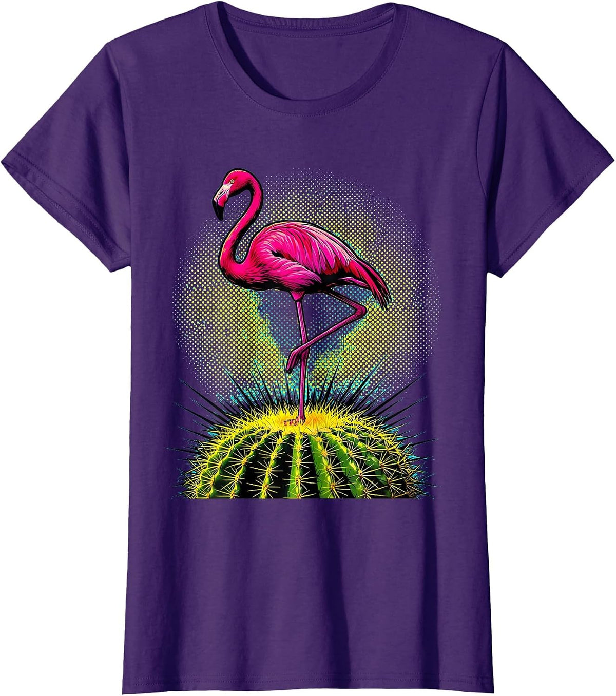 Women's Flamingo on Cactus Desert Illustration T-Shirt - Purple