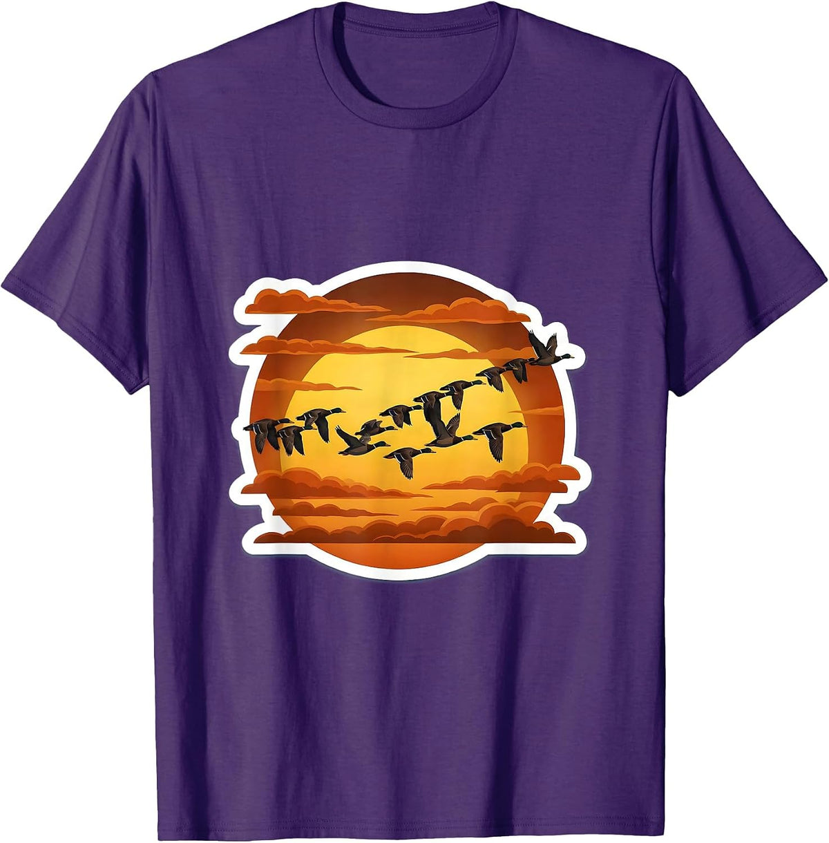 Ducks Flying in V-Formation Sunset Illustration T-Shirt - Purple