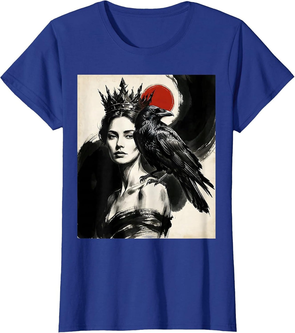 Women's Crowned Woman With Crow On Shoulder Illustration T-Shirt - Royal Blue