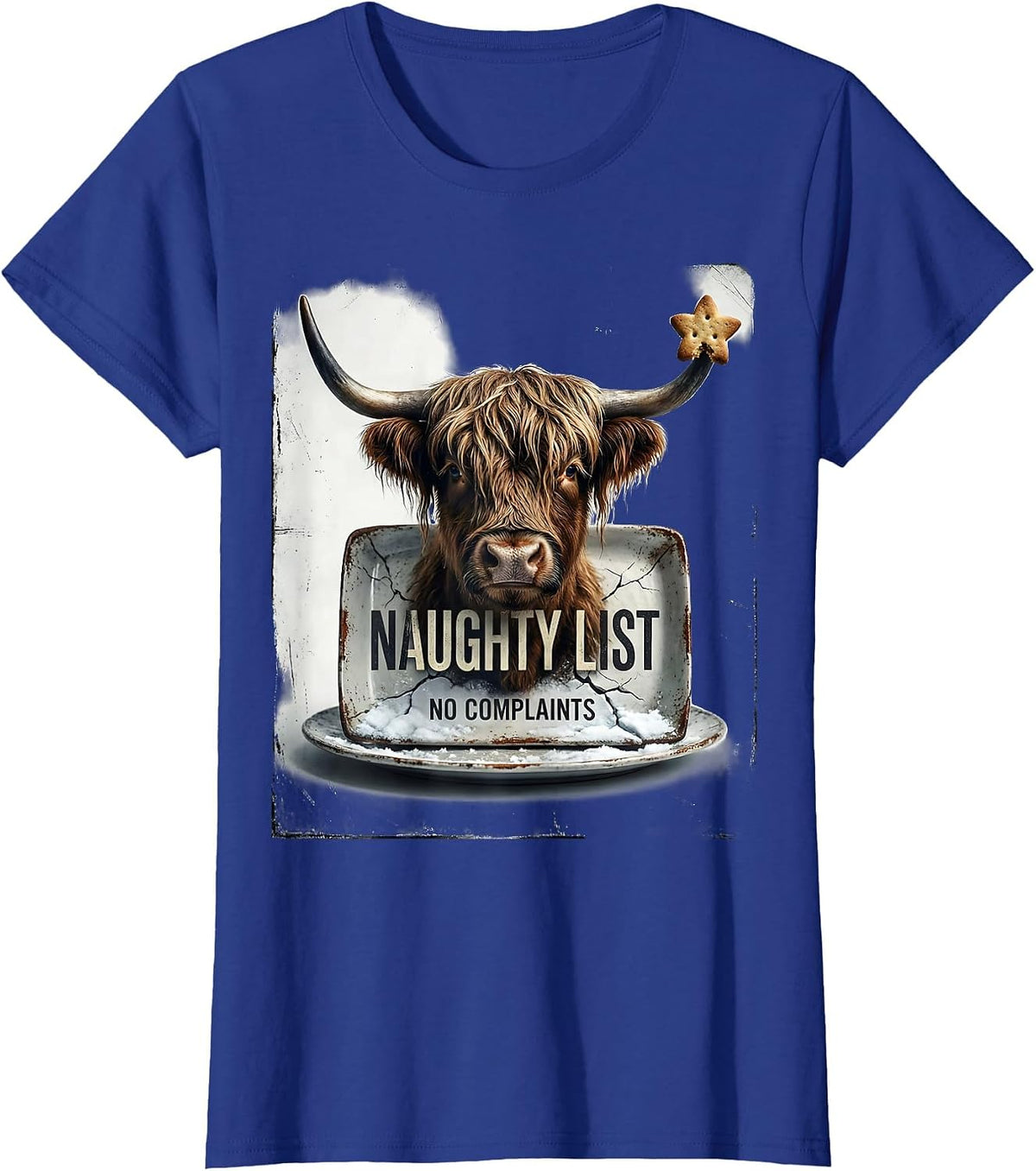 Women's Naughty List No Complaints Distressed Highland Cow Farm T-Shirt - Royal Blue