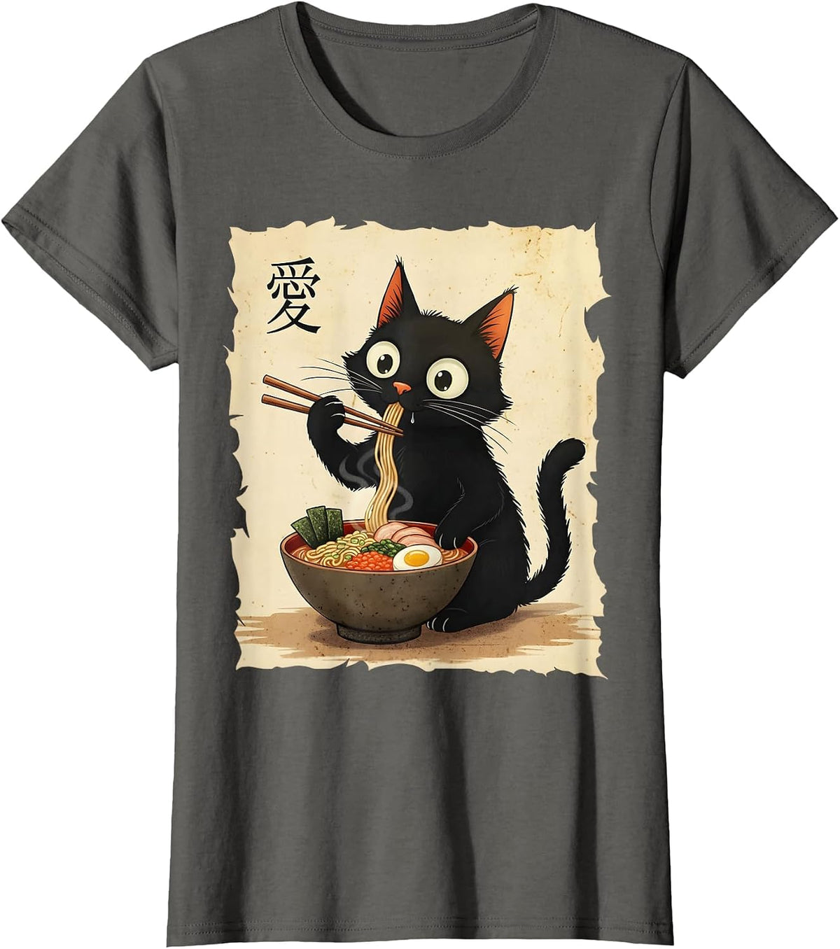 Cute Anime Cat Eating Ramen Japanese Noodle Graphic Art T-Shirt - Asphalt Grey
