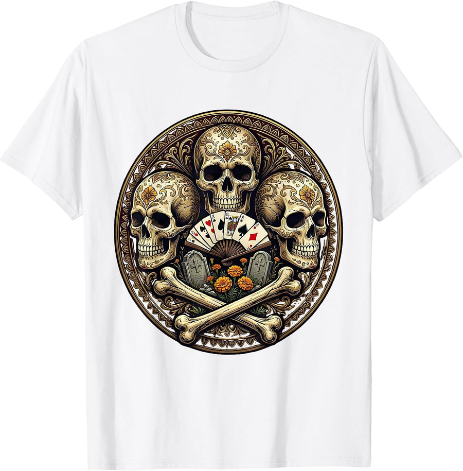 Men's Skeleton Card Game Graveyard Mexico Design T-Shirt - White