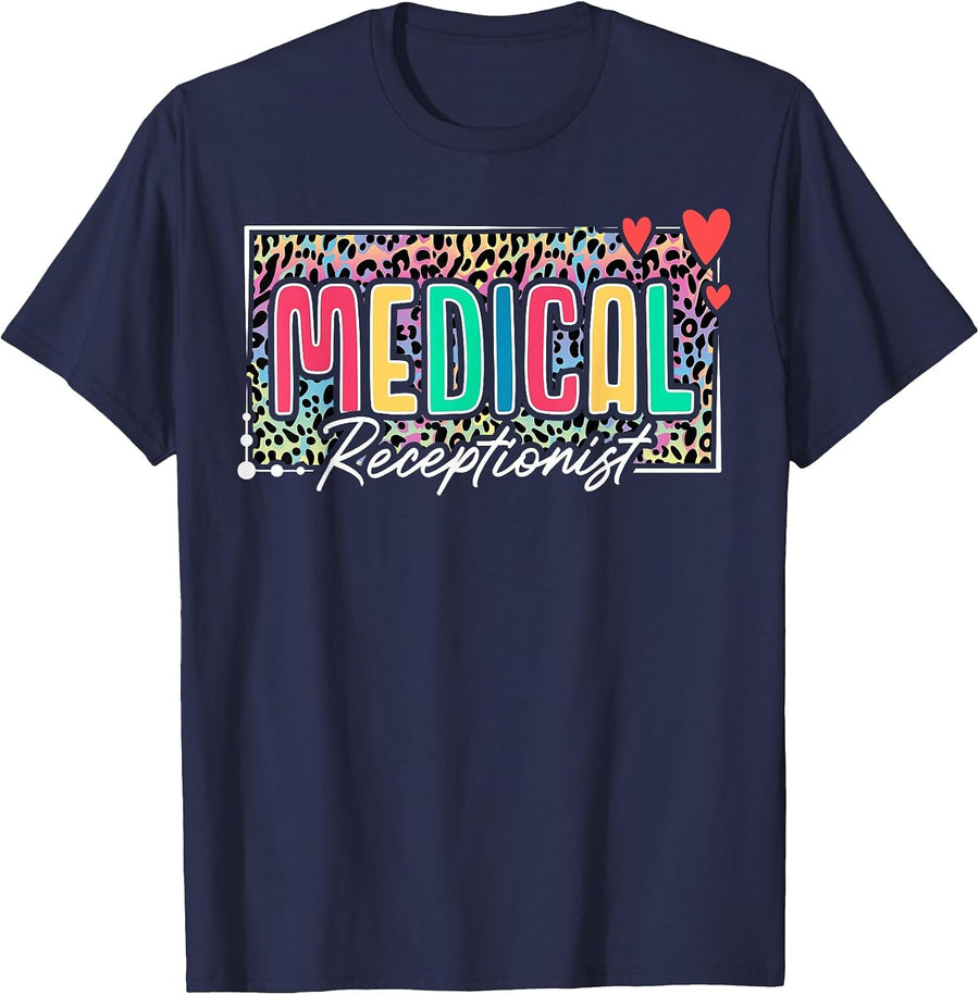 Medical Receptionist Heart Leopard T-Shirt - Navy Blue