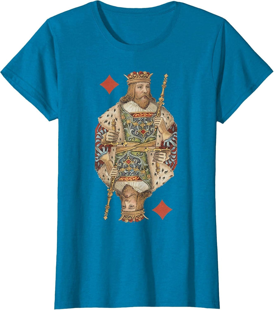 King of Diamonds Antique Art Nouveau Playing Card Art T-Shirt, Women, Sapphire Blue, Medium - As Pictured