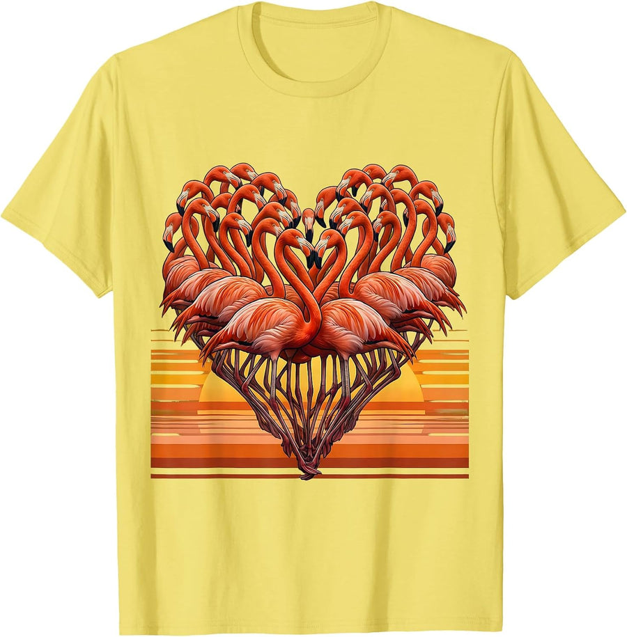Men's Flamingo Flock Heart Shape Love Nature Design T-Shirt - Lemon Yellow