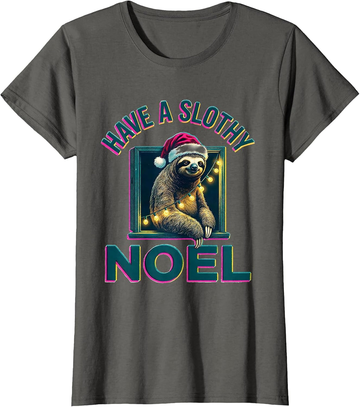 Women's Have a Slothy Noel Funny Sloth Christmas Lights Santa Hat T-Shirt - Asphalt Grey