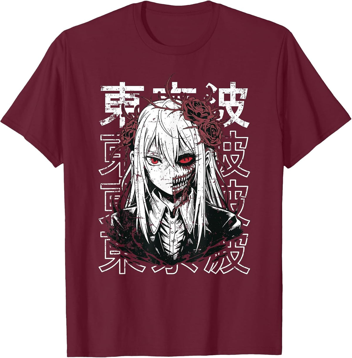 Horror Anime Goth Girl Oni Mask Creepy Japanese Horror Manga T-Shirt - Burgundy