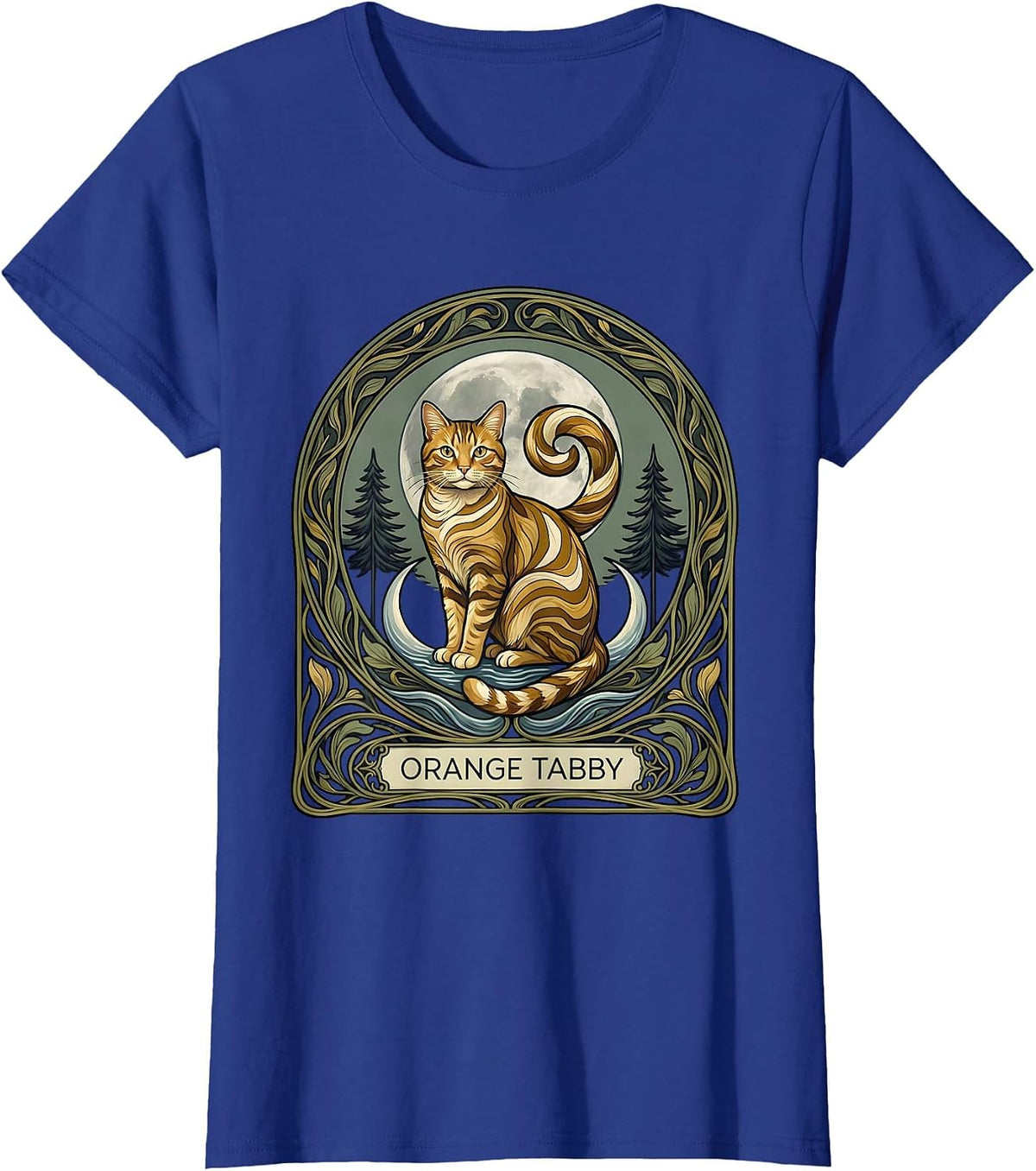 Women's Orange Tabby Art Nouveau Moonlit Cat Breed Portrait 90s T-Shirt - Royal Blue
